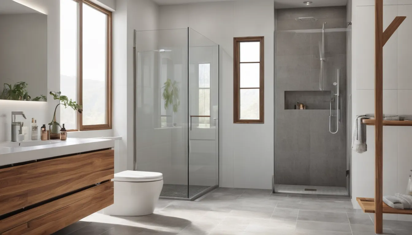 A bright, modern walk-in shower with a low entry, a bench, and grab bars in a Mount Airy home