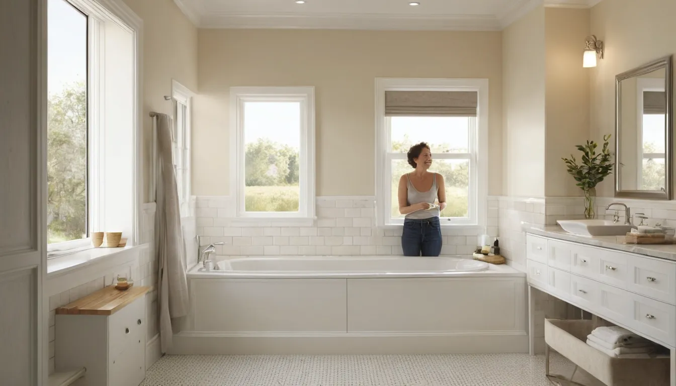 A smiling older homeowner reviewing a walk-in tub with a local provider in a Mount Airy bathroom